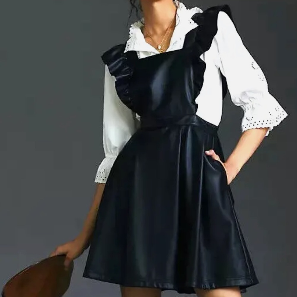 NWT Anthropologie Maeve Vegan Leather Ruffle Mini Pinafore Dress Overall 18W